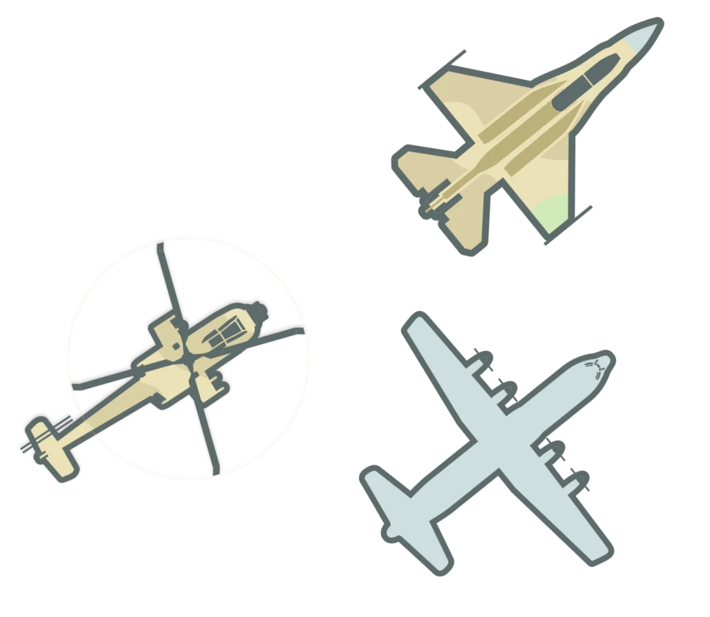 Three of Blossom's force icons — fighter, helicopter and transport — drawn top-down in the system's palette